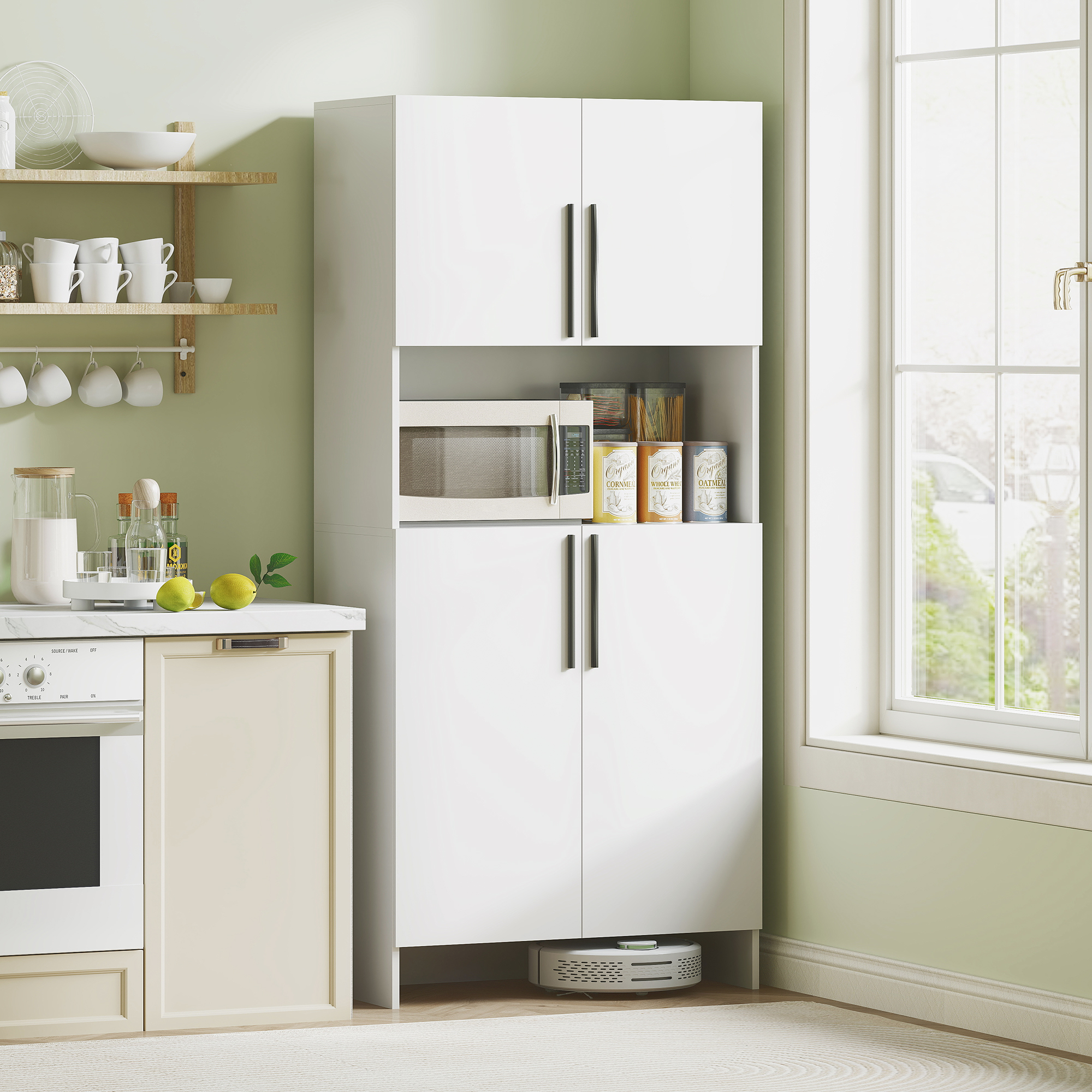HOMCOM Küchenschrank, Vorratsschrank für Küche, Wohnzimmer, Esszimmer, Schränke, Regale, Mikrowellenablage, Spanplatte, Weiß