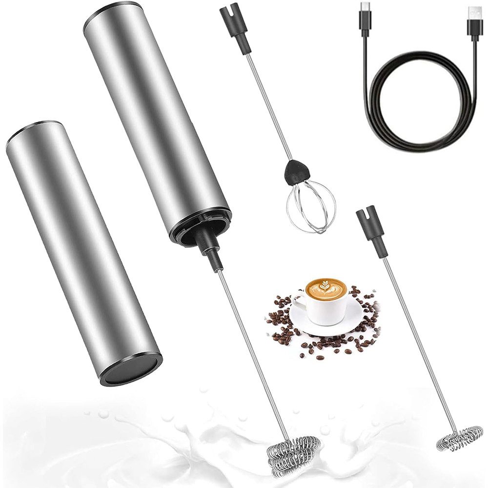 Milchaufschäumer Elektrischer Milchaufschäumer USB, Edelstahl Handmixer mit 3 Aufsätzen