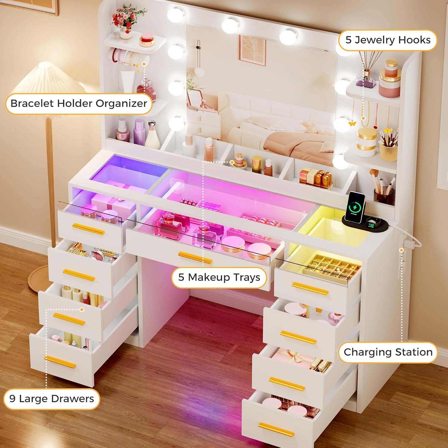 ANWBROAD BDT95W Large Makeup Vanity with Mirror and Adjustable Brightness Lights, Makeup Table with Glass Top, Makeup Desk with Sockets 9 RGB Drawers and 9 Open Shelves Modern White