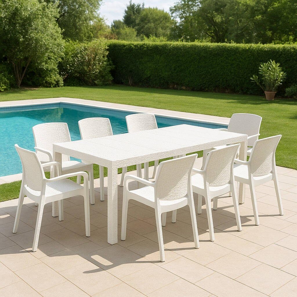 Dmora - Manarola Outdoor Living Room Set, Outdoor Sitting Room, Extendable Rectangular Table with 8 Chairs with Armrests, Made in Italy, White