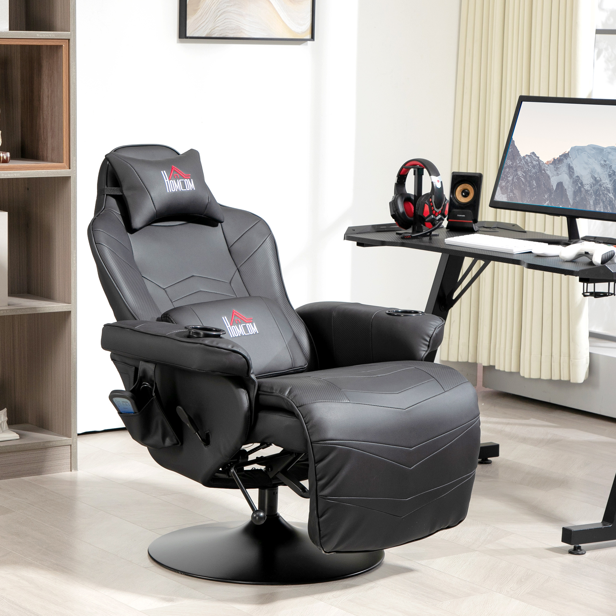HOMCOM Gamingsessel, Massagefunktion, neigbare Lehne, Fußstütze, bis 120 kg, Stahlrahmen, Kunstleder, Schwarz