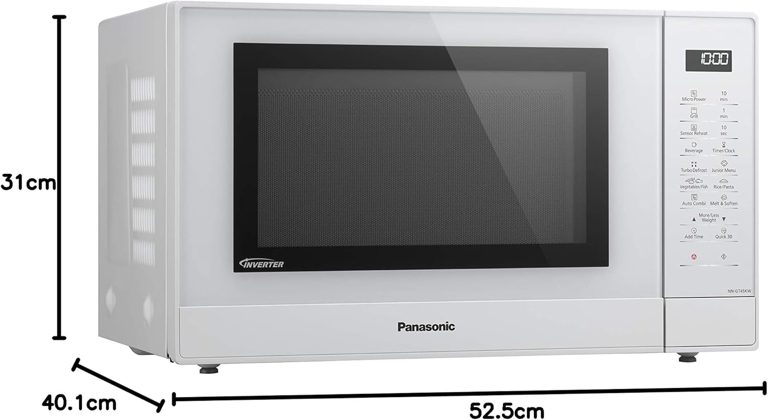 Panasonic NN-GT45KWSUG Kombi-Mikrowelle, Inverter, mit Grill, 24 automatische Programme, Junior-Menü, Feuchtigkeitssensor, 1000, Stahl Aus Kunststoff, 31 liters, Weiß