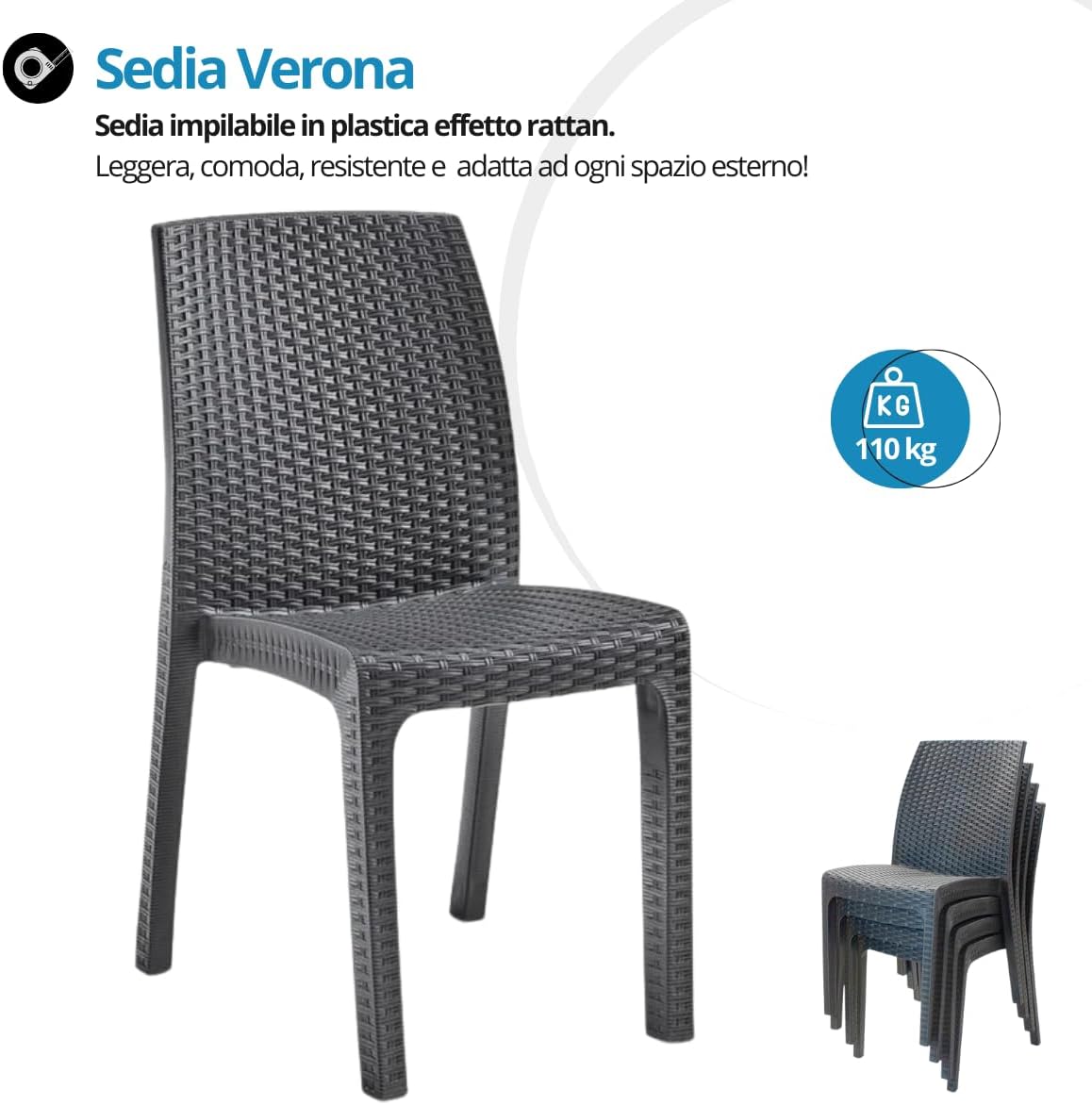 Tomaino - Set of 6 Stackable Plastic Garden Chairs and Chairs - Outdoor Chair and Table Dining Set 6 Seater Polypropylene Rattan Effect - 150 x 90 x 74h cm - for Balcony, Terrace (Black)
