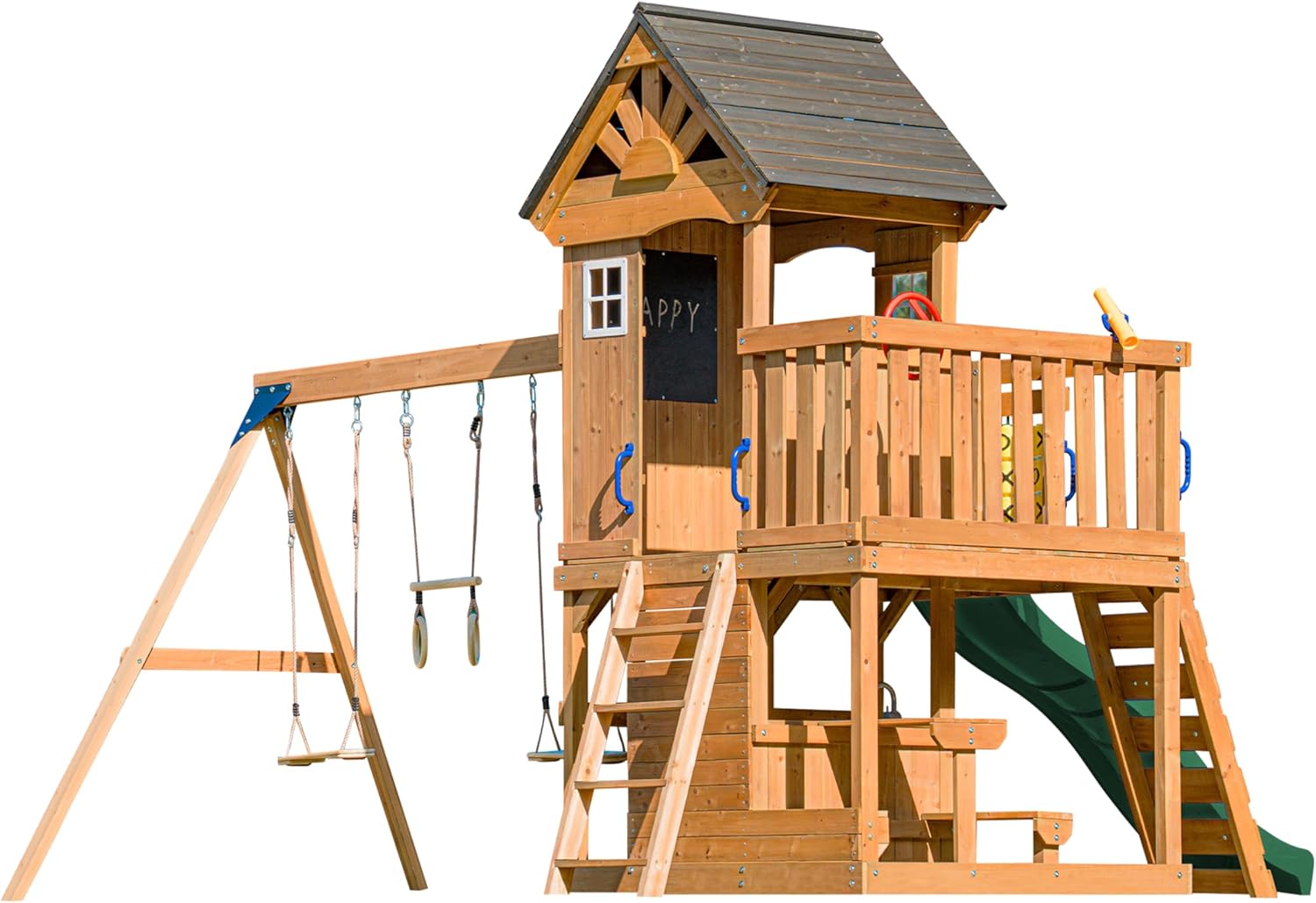 AXI Jack Casetta per Bambini in Legno con 2 Altalene, Scivolo Verde/Parco Giochi all'Aperto, Sabbiera, Trapezio/Parete di arrampicata | Giochi in Legno per Esterni