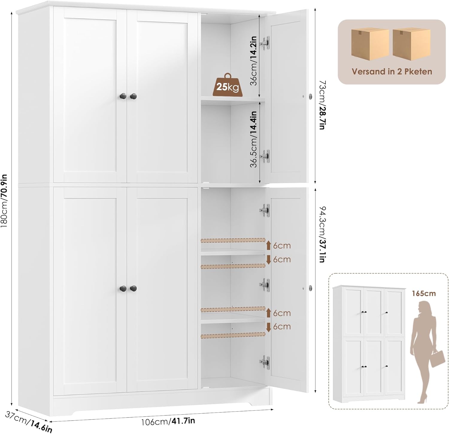 FirFurd Küchenschrank, 180 cm Mehrzweckschrank Vorratsschrank, Buffetschrank mit 6 Türen und verstellbaren Einlegeböden, Allzweckschrank für Küche Wohnzimmer Eingangsbereich, 180x106x37 cm, weiß