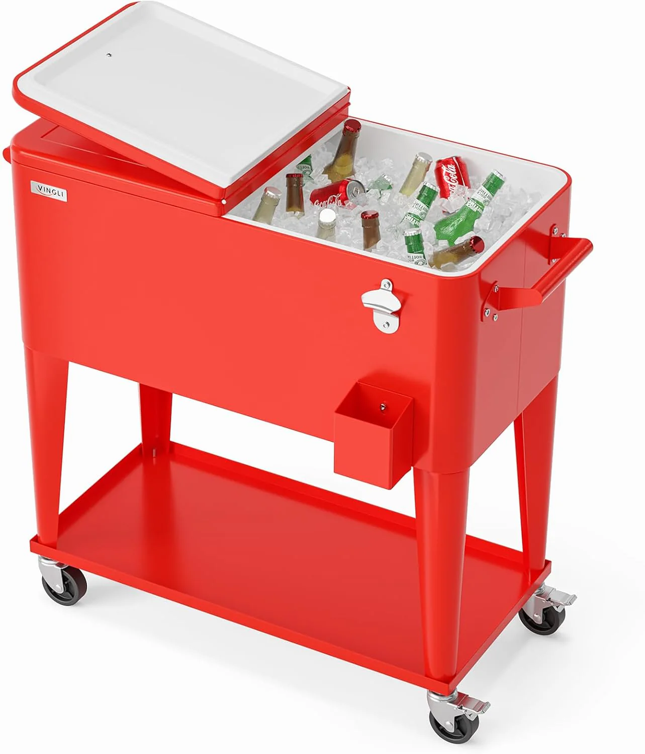 80 Quart Rolling Ice Chest Cooler Cart with Shelf and Opener