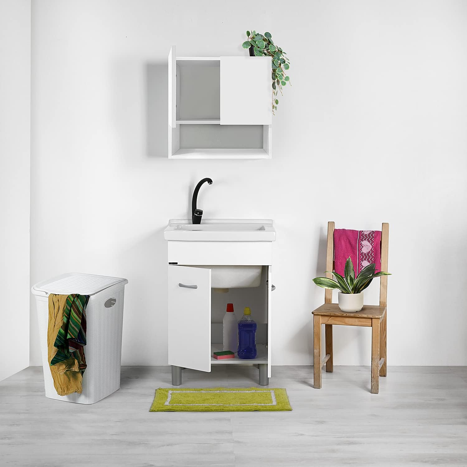 Mobile LAVATOIO Ceramica 60 x 50 x H 88 RENO Design Bianco Incluso di PILETTA in Acciaio E SIFONE Pilozza Profonda 33 cm (NO Foro Rubinetto)