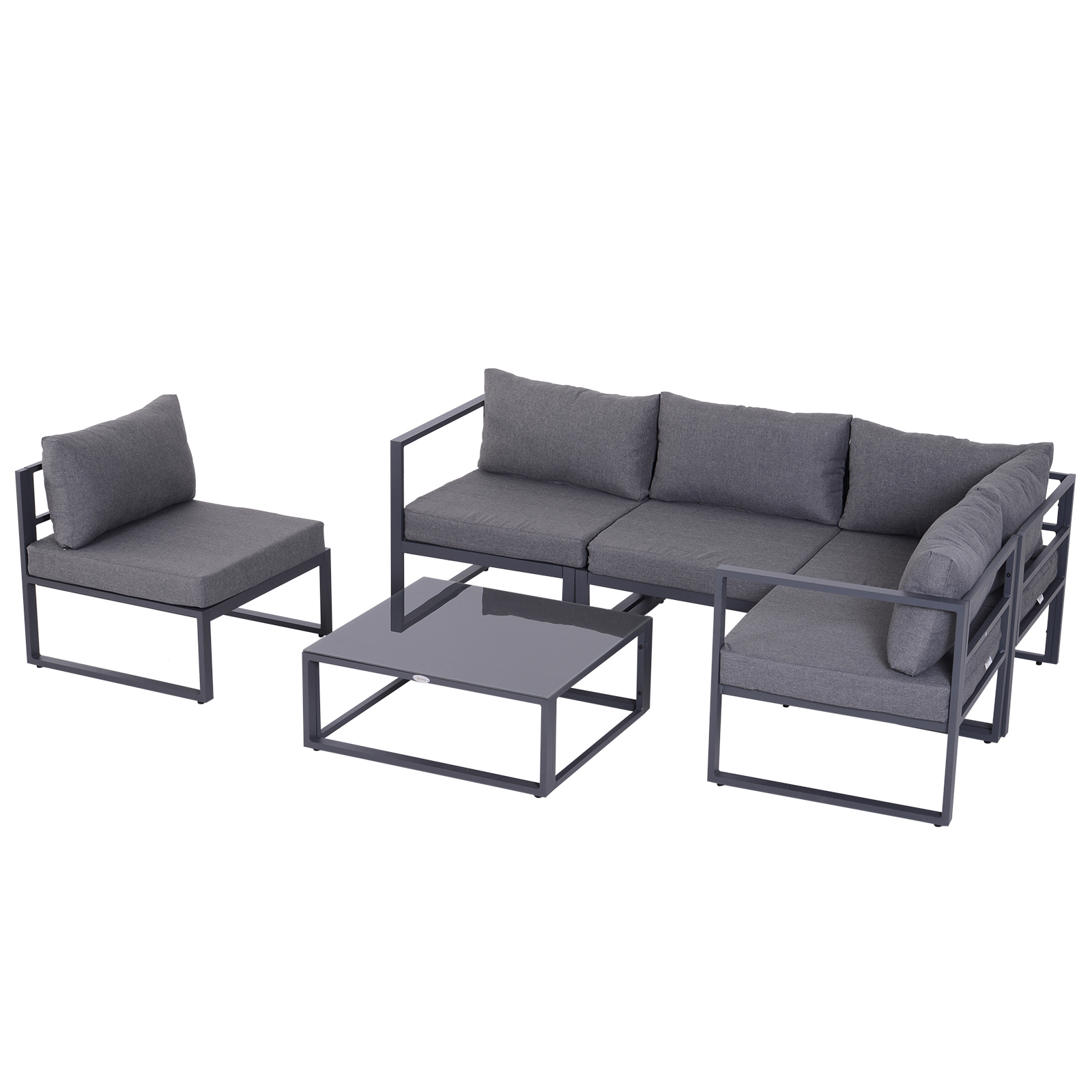 Outsunny 6-tlg. Gartengarnitur Gartenset Gartensofaset Sitzgruppe Gartenmöbel Alu+ Polyester + Hartglas Grau 4 x Sessel 1 x Ecksofa 1 x Beistelltisch Kissen für 4–5 Personen