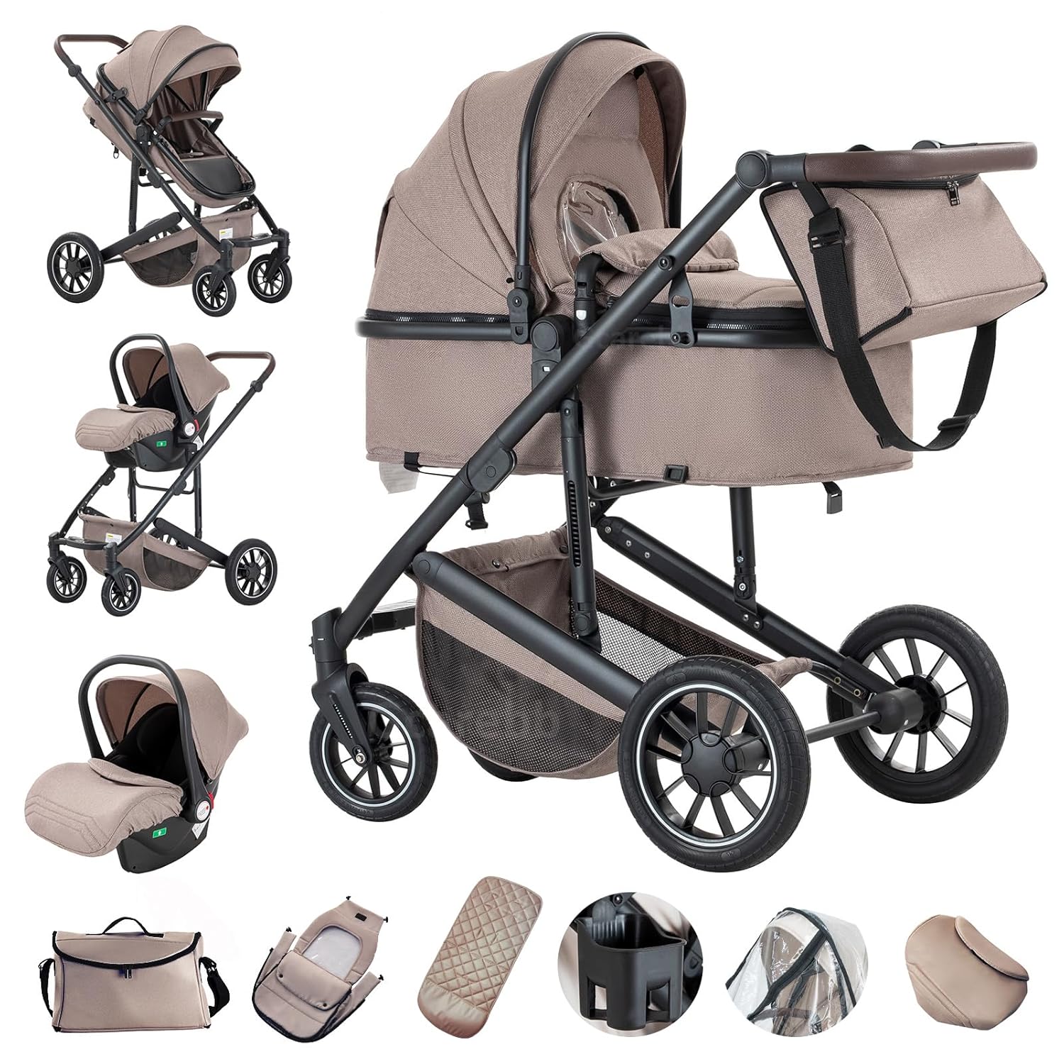 Gcarebb 3 in 1 Kinderwagen, Buggy Mit Auto Babyschale, Mit Höhenverstellbarer Kinderwagen Komplettset, KombiKinderwagen Mit Aluminiumrahmen für Neugeborene 0-4 Jahre