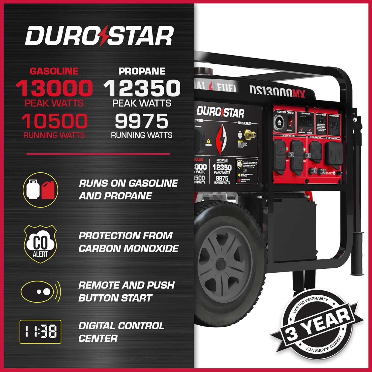 DuroStar DS13000MX 13 000-Watt 500cc Dual Fuel Portable Generator - Gas and Propane  Remote Electric Start  Whole Home Power Backup  Transfer Switch Ready  RV & Emergency Ready