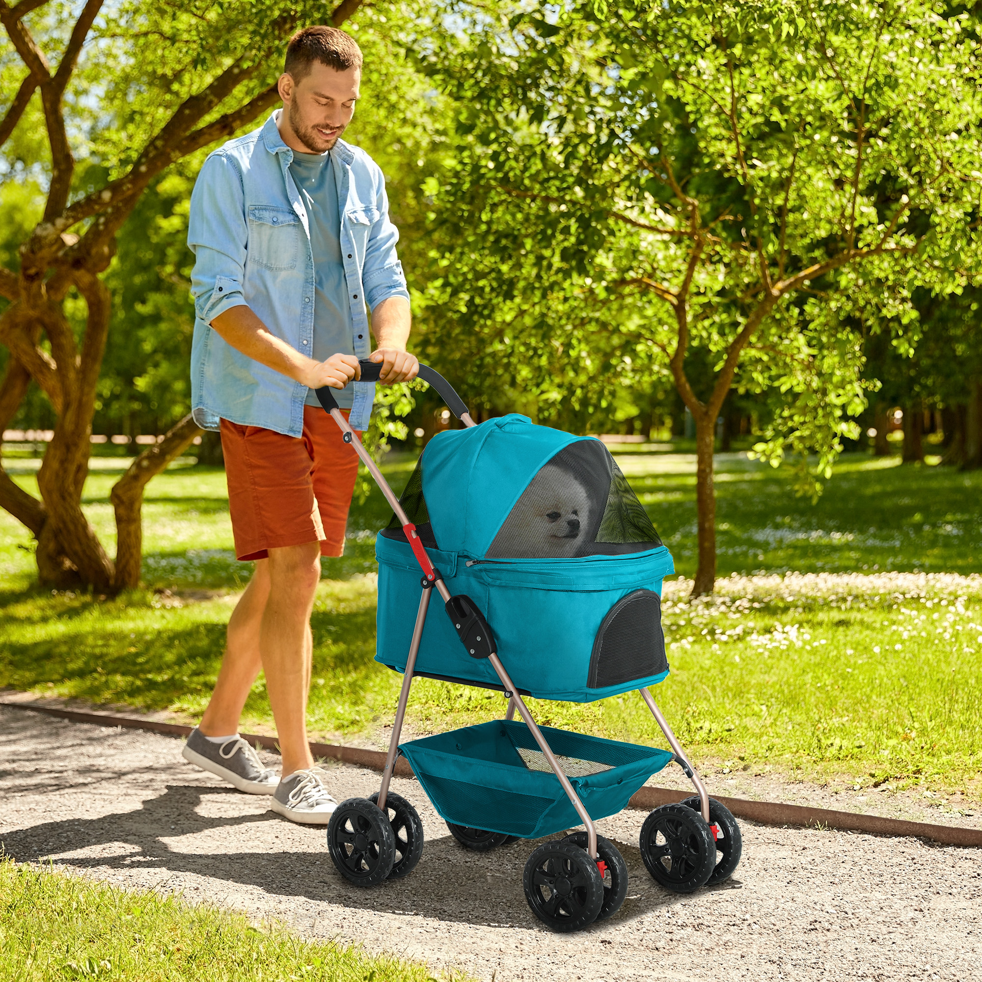 PawHut 3-in-1-Haustierkinderwagen, zusammenklappbarer Hundewagen mit 4 Rädern und abnehmbarer Trage für Hunde und Katzen Türkis