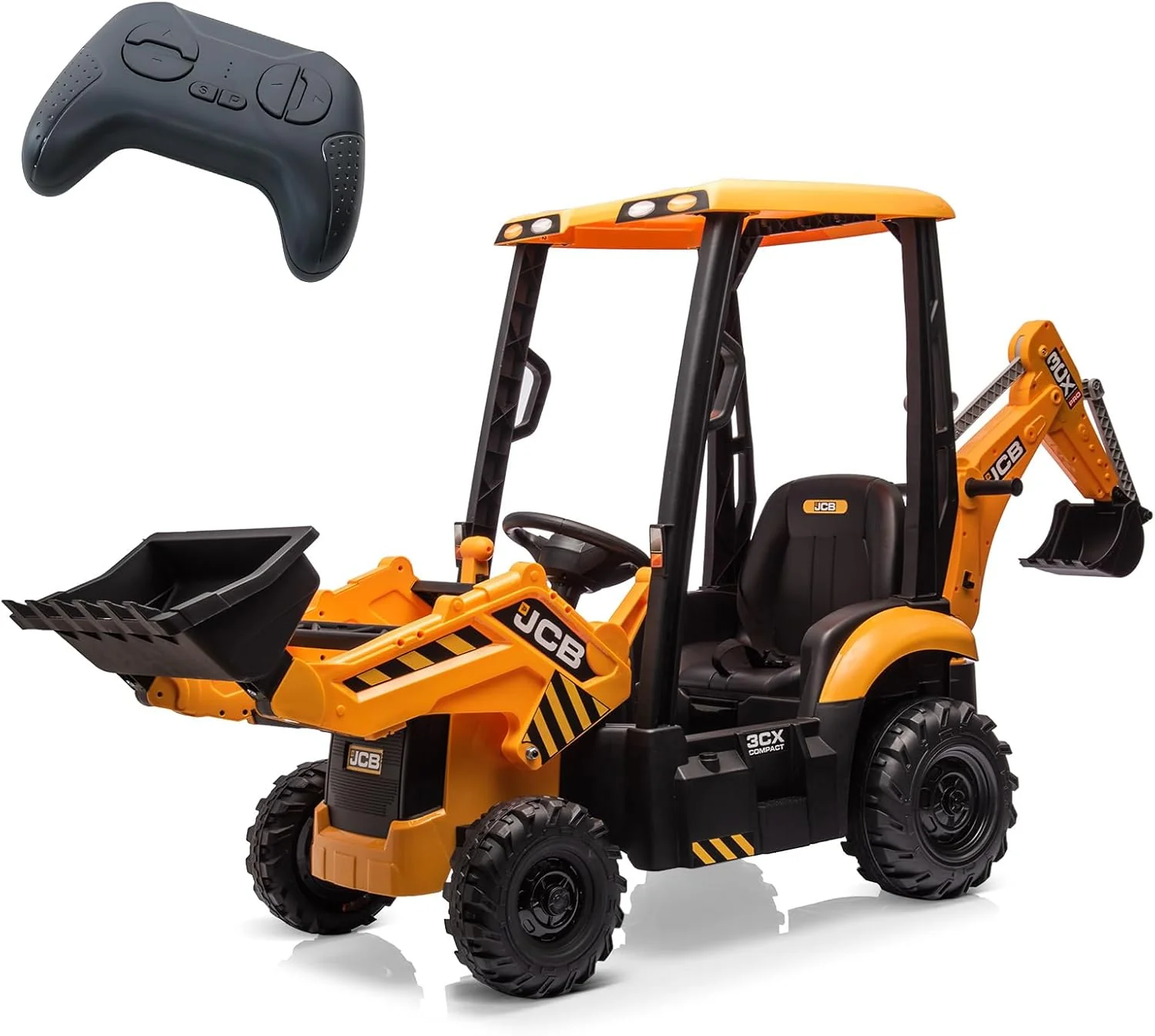 4-in-1 elektrische graafmachine en bulldozer, 12V elektrische kinderauto's met afstandsbediening, voorlader, graafmachine, claxon, EVA-banden, geel