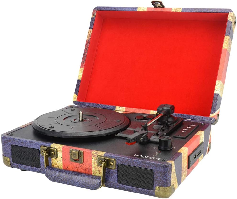 Majestic TT-43 BT/USB/SD/AX, Valigetta Giradischi 33/45/78 Giri Portatile con Bluetooth e Ingressi USB/SD Recorder, Bandiera UK