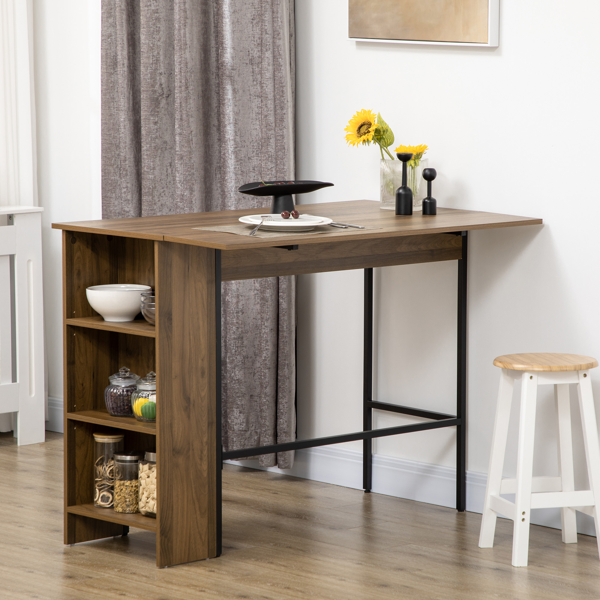 HOMCOM Kücheninsel Bartisch mit klappbarer Seitenplatte und 3 Regalen 120 x 76 x 91,4 cm braun