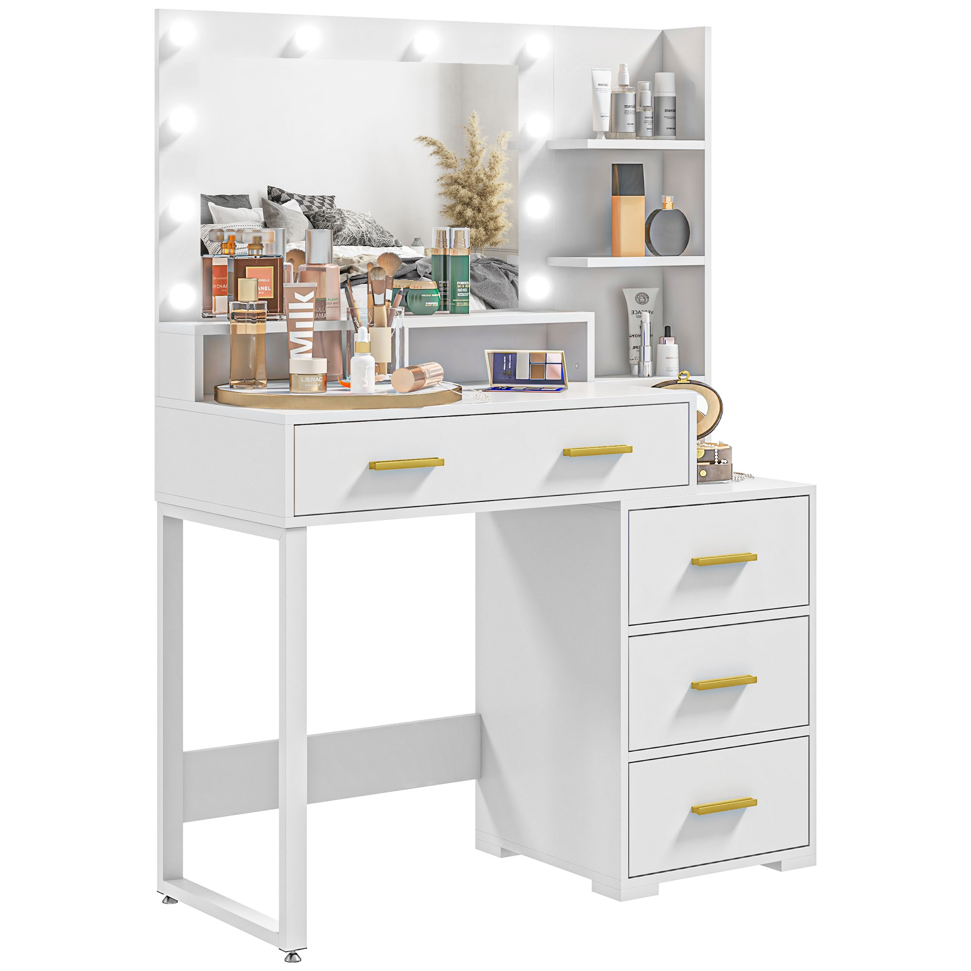 HOMCOM Schminktisch mit Spiegel und 9 LED-Lichtern, 4 Schubladen und 6 offene Fächer, 100 x 40 x 138 cm, weiß