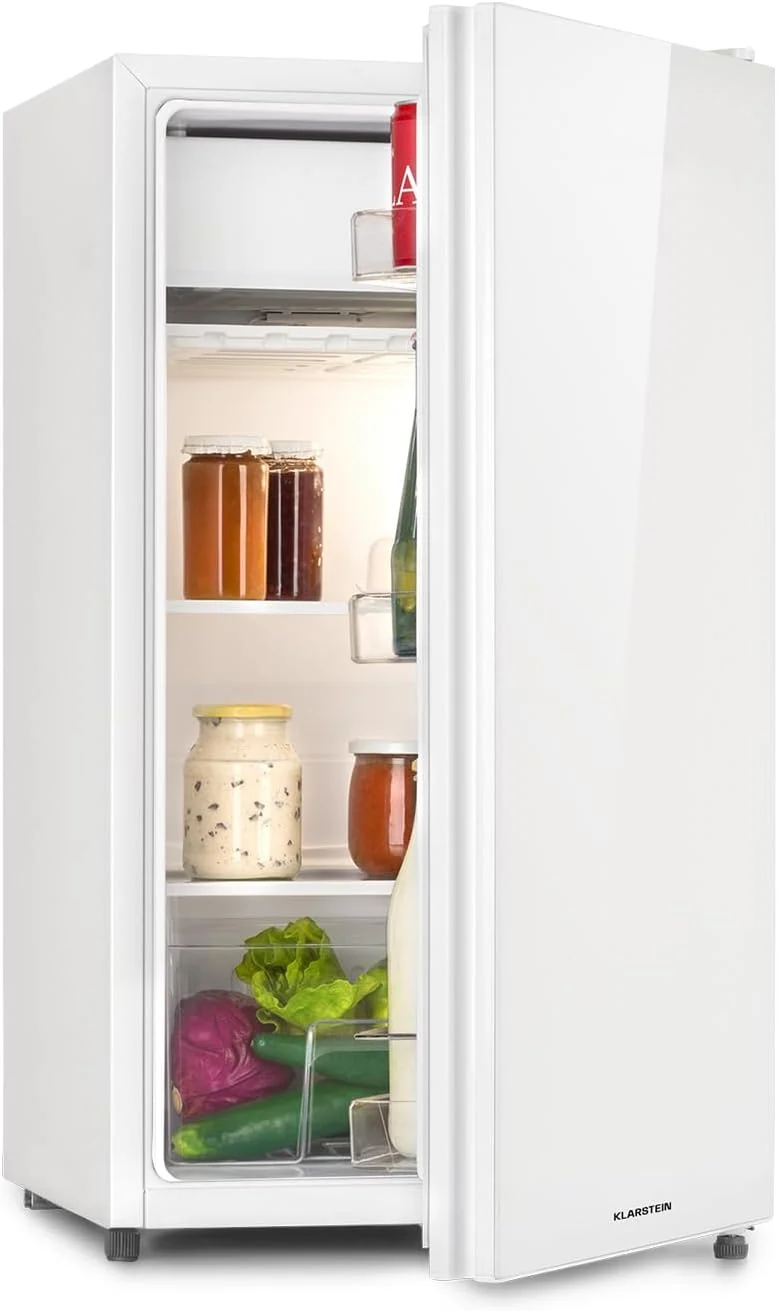 Klarstein Luminance Frost Kühl-Gefrier-Kombination, freistehender Kühlschrank, ca. 45 x 84 x 48,5 cm (BxHxT), 91 Liter Gesamtvolumen, Glasfront, weiß