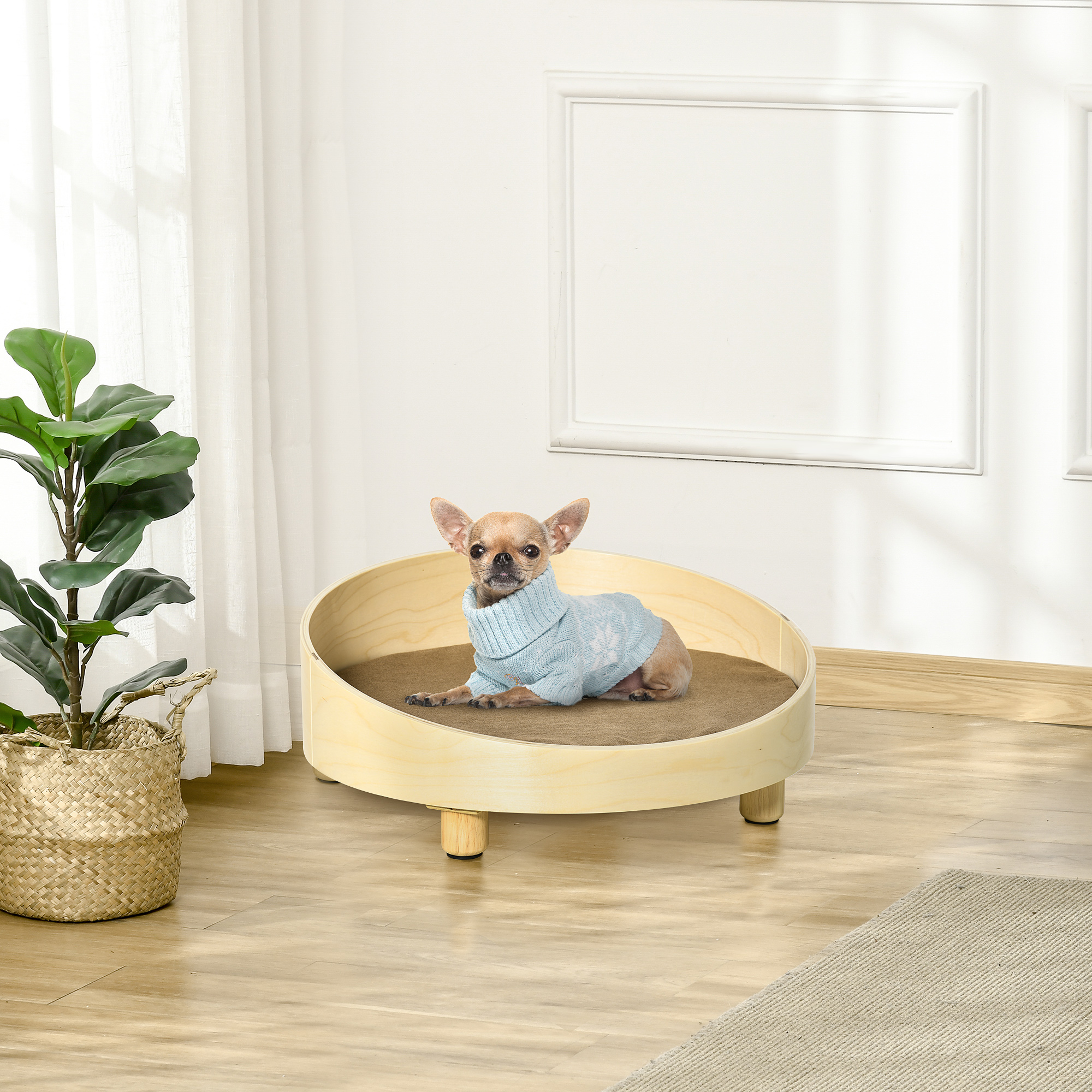 PawHut Erhöhtes Hundesofa Hundecouch mit Holzbeine, Ø59 cm Katzensofa Hundebett mit Kissen, waschbarer Bezug, Haustierbett Hundeschlafplatz für minimale Hunde, Natur+Hellbraun