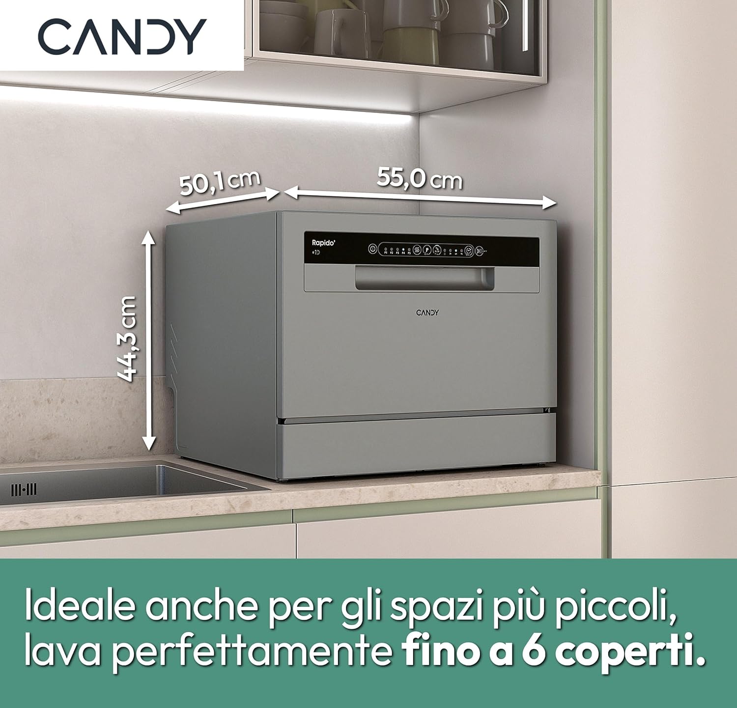 Candy Rapido' CP 6E51LS Lavastoviglie Compatta da tavolo, Libera Installazione, 6 Coperti, 8 Programmi, Ciclo Rapido 35', Partenza ritardata, Classe E, AxLxP 44,3x55x50,1 cm, Silver, Classe E