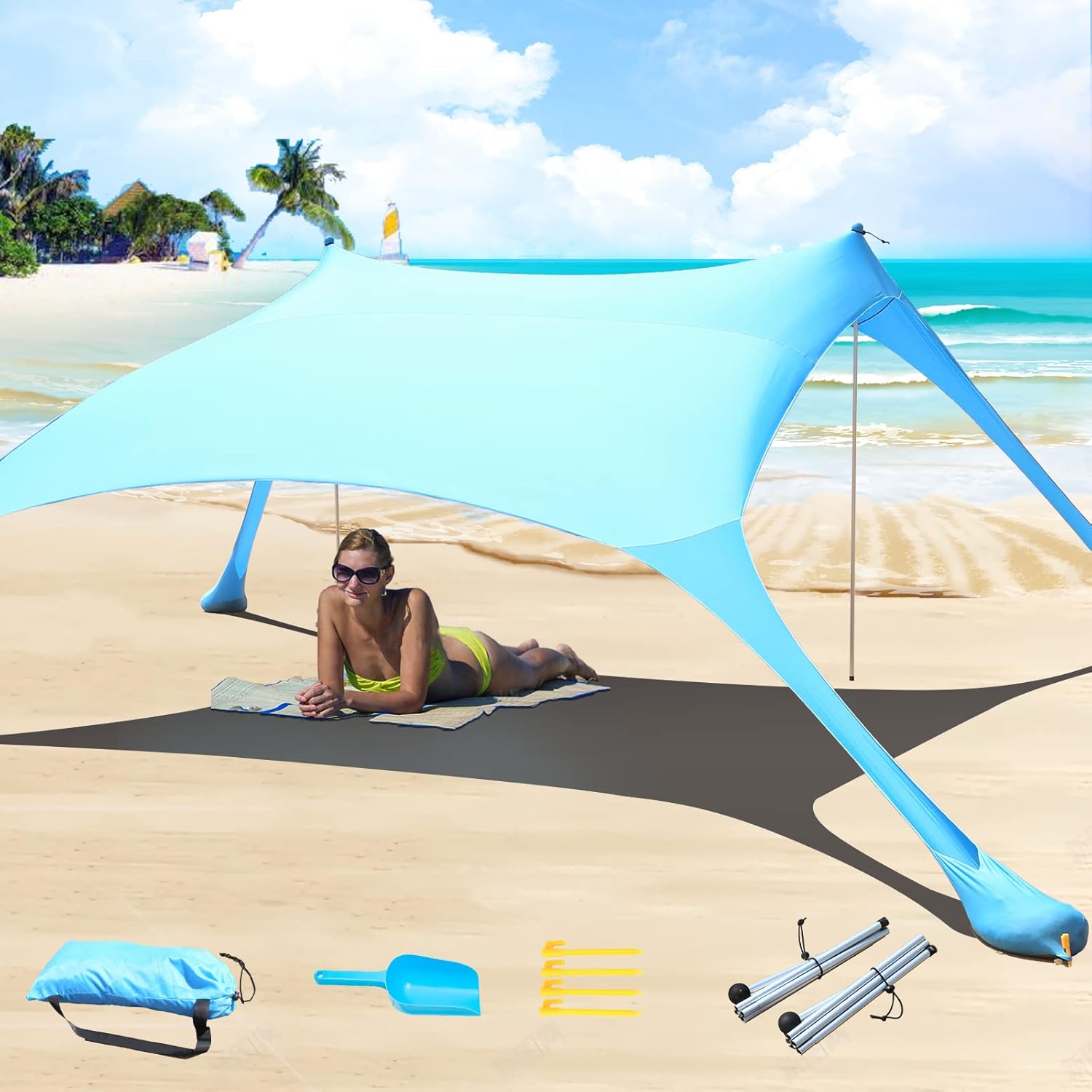 Cuupo 2 x 2.1m Pop Up Lycra Beach Tent SPF 50 Outdoor Garden Sun Shade Windproof with Stability Stakes and Beach Towel Turquoise