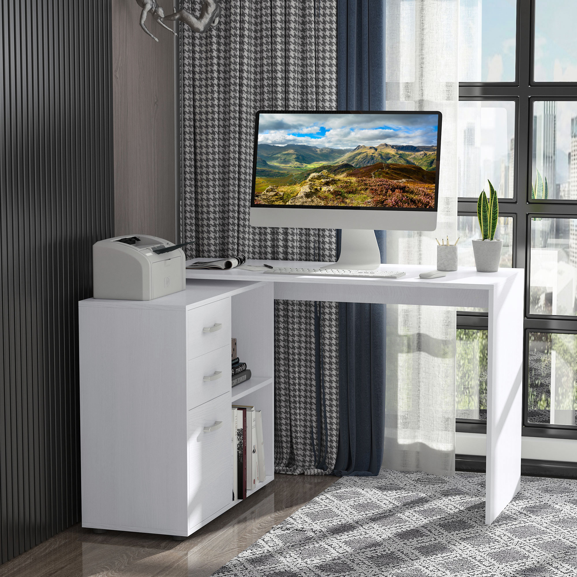 HOMCOM Eckschreibtisch Esstisch Computertisch Bürotisch Winkelschreibtisch Regal L-Form 117 x 83,5 x 76 cm, I-Form 162 x 50 x 76 cm, Weiß, MDF+Metall