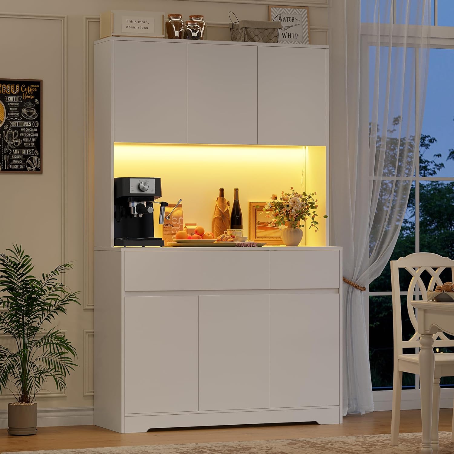 FirFurd Mobile Cucina, Credenza Cucina Alta con Presa e Luce LED, Mobile Dispensa con Ripiani Regolabili, Ampio Piano di Lavoro, per Sala da Pranzo, Soggiorno, 100x38,5x180cm (Bianco)