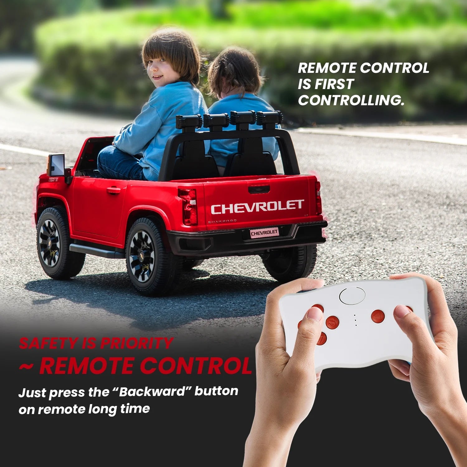 Track 7 Coche Eléctrico de 24V para Niños, Camioneta Silverado HD Licenciada para 2 Pasajeros, Control Remoto, Música, ABC, Rojo