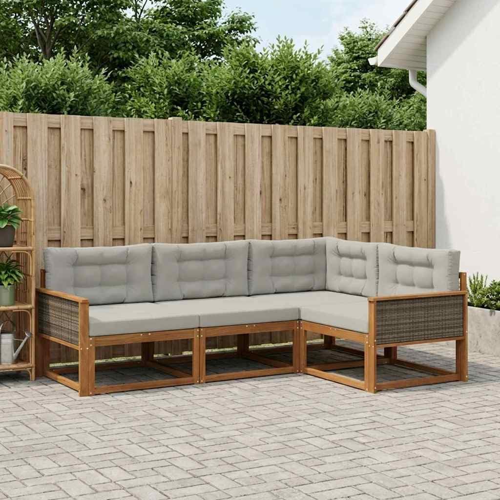 4-TLG. Outdoor-Sofa-Set aus Akazienholz, Natur und Hellgrau, modulare