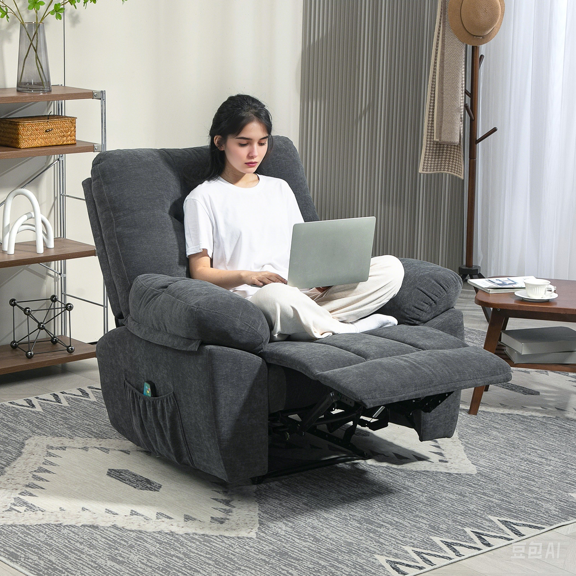 HOMCOM Recliner-Sessel, Massage-Polstersessel mit 8 Vibrationspunkten, verstellbare Fußstütze, Seitentasche, Lehnsessel, Grau
