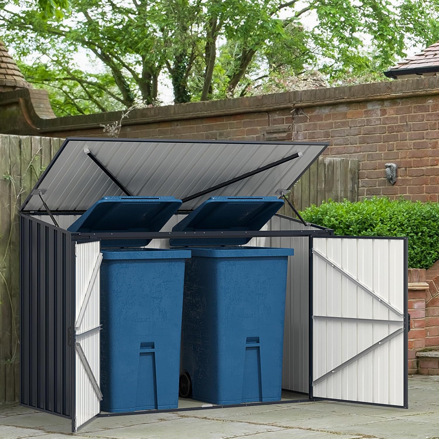 COSTWAY Casetta per Spazzatura Esterna 1,5 m², Capanno Attrezzi Giardino in Metallo Zincato Resistente alle Intemperie con Porta Bloccabile e Tetto Apribile, Struttura a Scatto Pratica