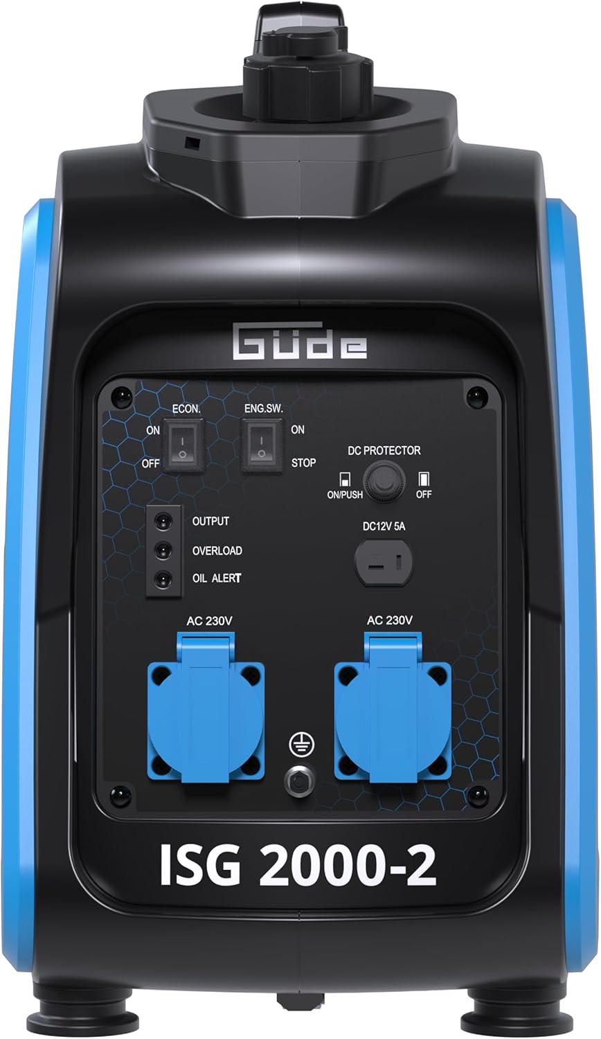 Güde Inverter Stromerzeuger ISG 2000-2 (4-Takt-OHV-Benzinmotor, 2,11/2,86 (kW/PS), max. 2000 W, 2x 230 V, Laufzeit bis 5,9 h, Tankinhalt 4,1 l, Überlastungsschutz, ECO-Funktion, Antivibrationsfüße)