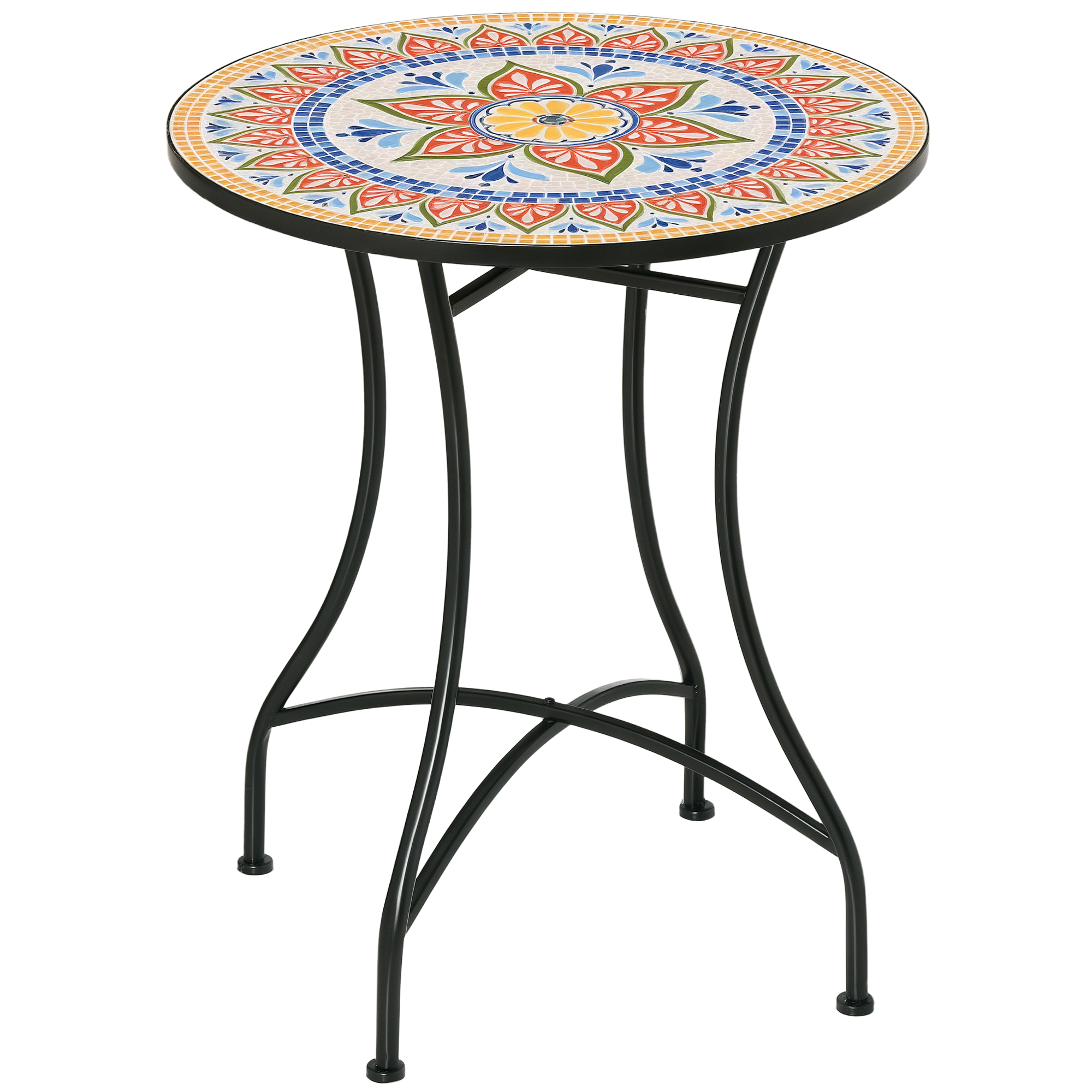 Outsunny Gartentisch Ø60 cm, Wetterfest Balkontisch aus Metall, Esstisch Outdoor, Campingtisch Beistelltisch, rund Terrassentisch für Garten Terrasse Balkon Rot+Blau+Weiß