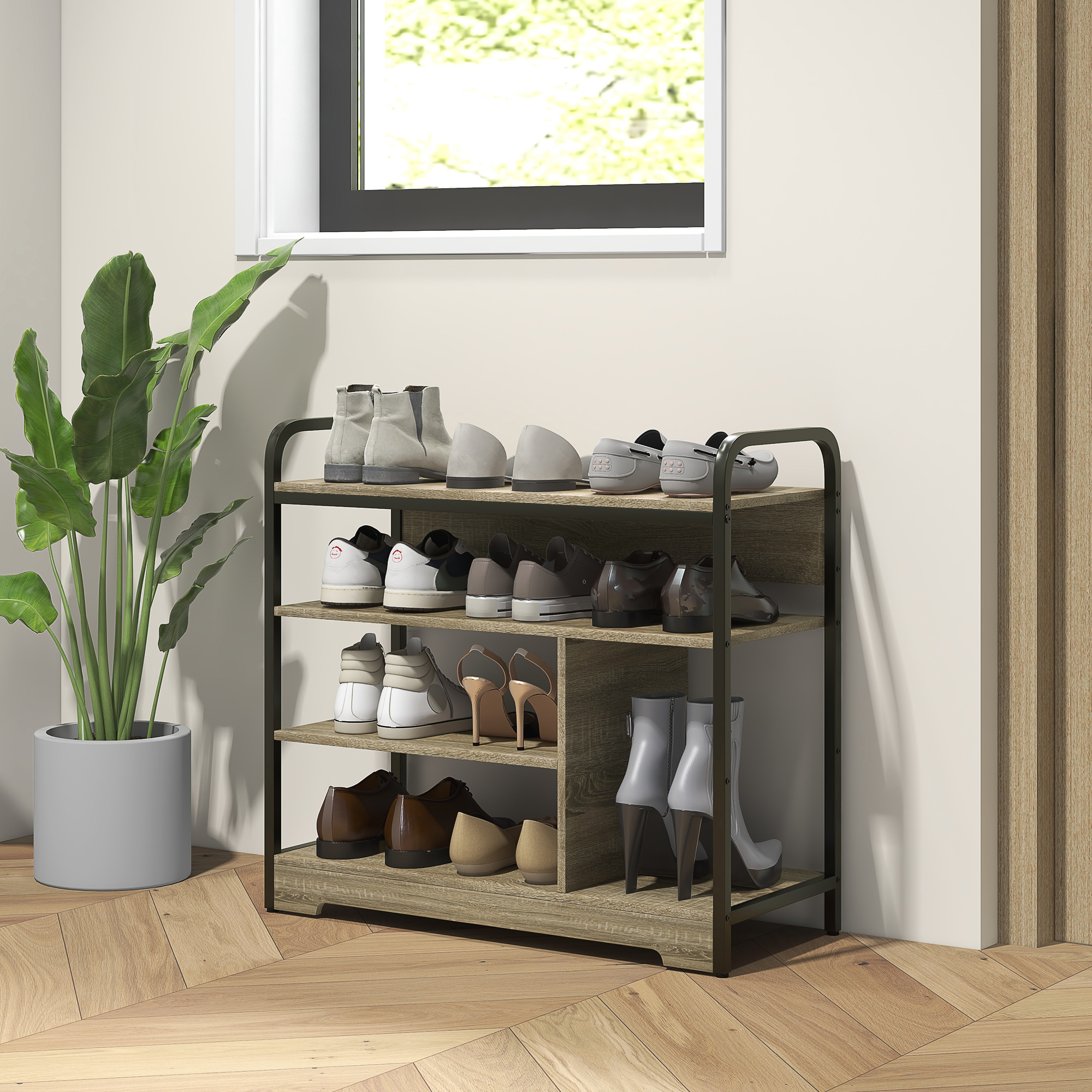 HOMCOM Schuhschrank 4 Ebenen, Schuhaufbewahrung 11 Paare Schuhe Metallrahmen - 70 B x 30 T x 65 H cm Schwarz