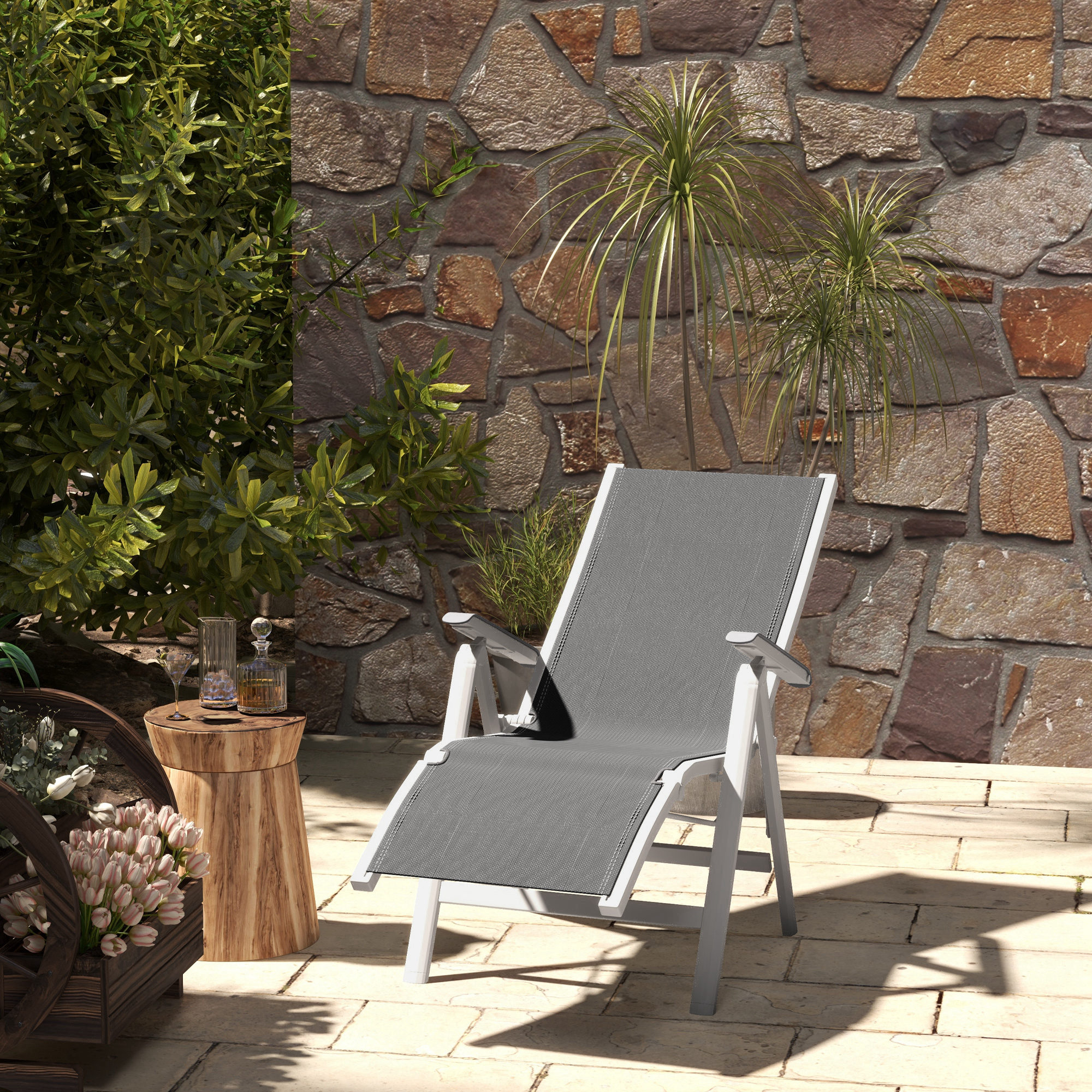Outsunny Gartensessel Outdoor-Loungesessel Gartenliege, wetterbeständig, 62cm x 96cm x 108cm, Grau + Weiß