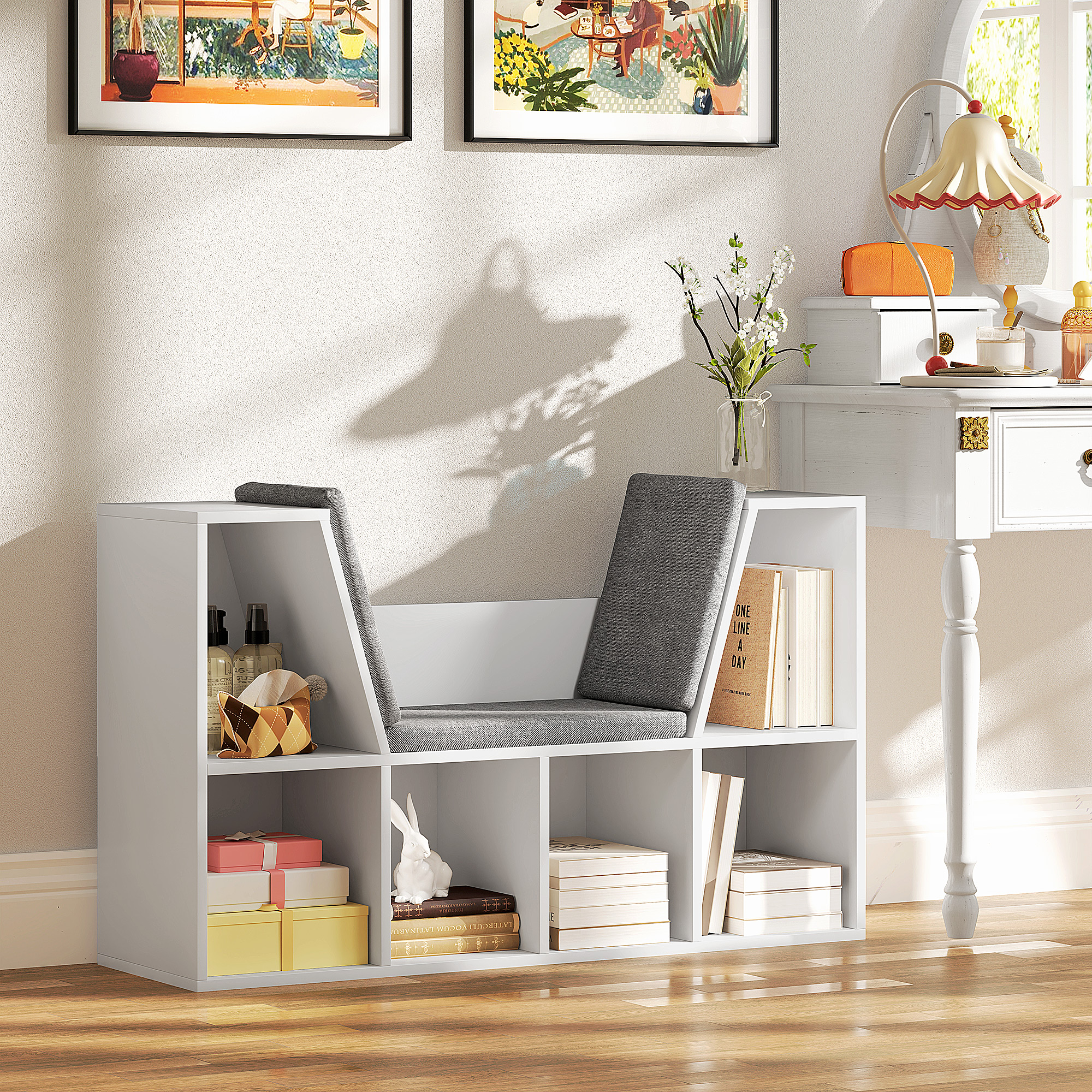 HOMCOM Bücherregal mit Sitzfläche, 6 Fächer, gepolstert, 105 x 30 x 63 cm, Weiß