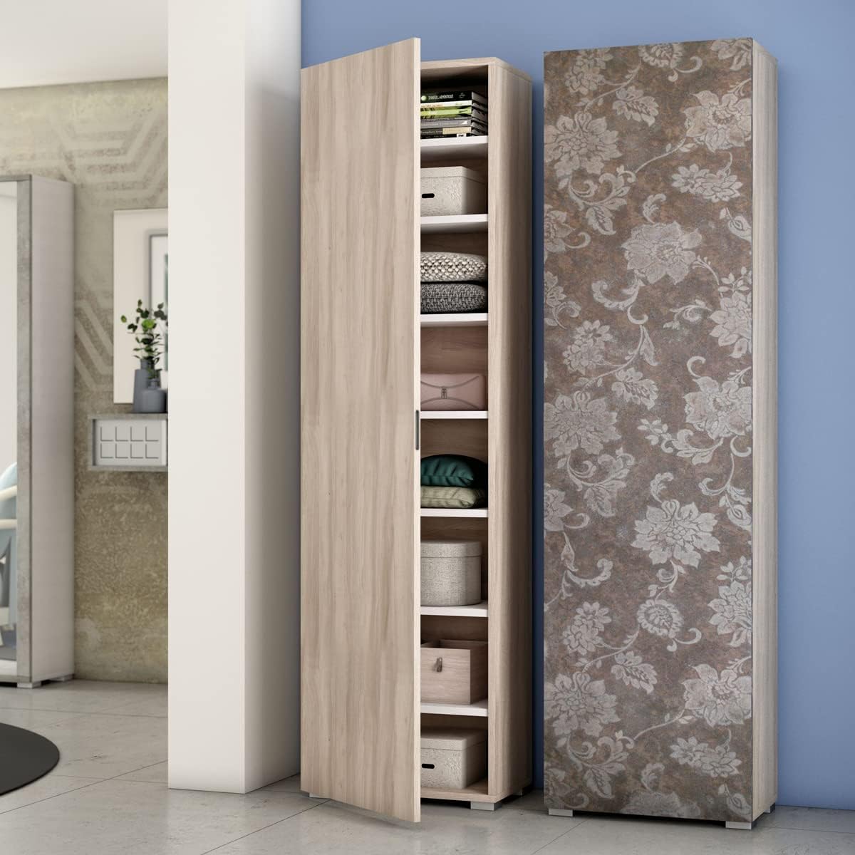 Yellowshop - Multipurpose Space-Saving Column Cabinet with 7 Adjustable Shelves – High Cabinet with 1 Door for Kitchen, Bathroom, Entrance or Laundry Room – Made in Italy Various Colours (Elm/Flower)
