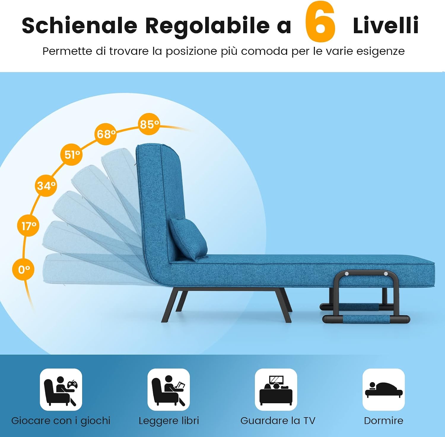 COSTWAY Poltrona Letto, 4 in 1 Poltroncina Pieghevole con Schienale Regolabile in 6 Posizioni, Sedile Imbottito Robusto, Divano Letto Singolo per Casa Ufficio, 79x65x79 cm (Blu)