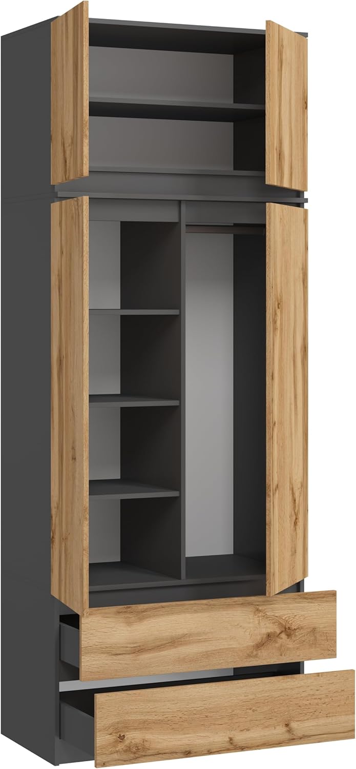 BDW MONIA Wardrobe with 2 Doors 2 Drawers Matt 4 Tier Metal Runners for Bedroom Wardrobe Office (Anthracite/Wotan Oak, 235x90x50)