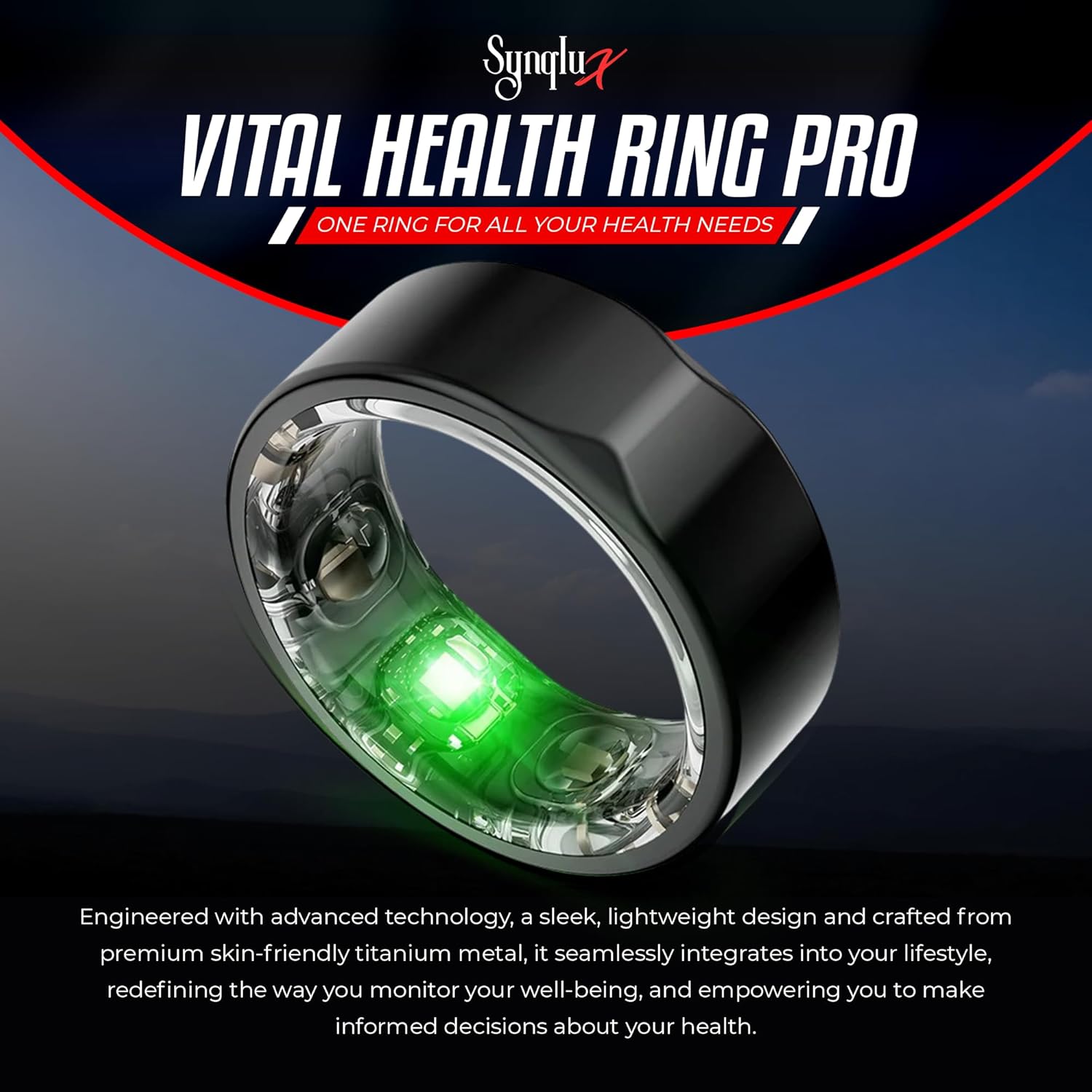 Smart Titanium Ring (Schwarz Größe 12) - Fitness & Schlaf-Tracking Ring mit Pulsmesser, Aktivitätstracker, 10-Tage-Akku, Kein Abonnement, Unisex