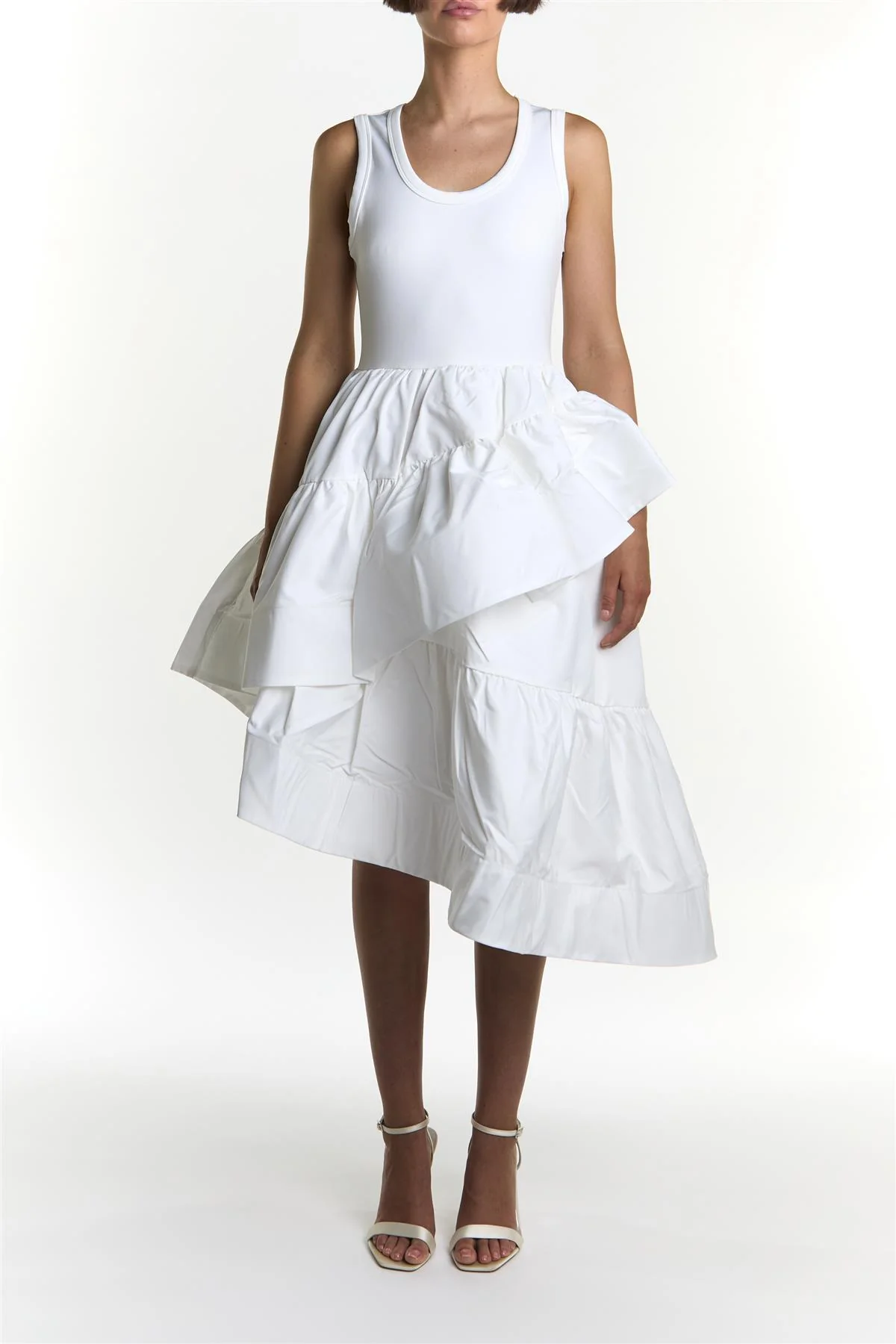 White Jordynn Asymmetric Ruffle Midi Dress