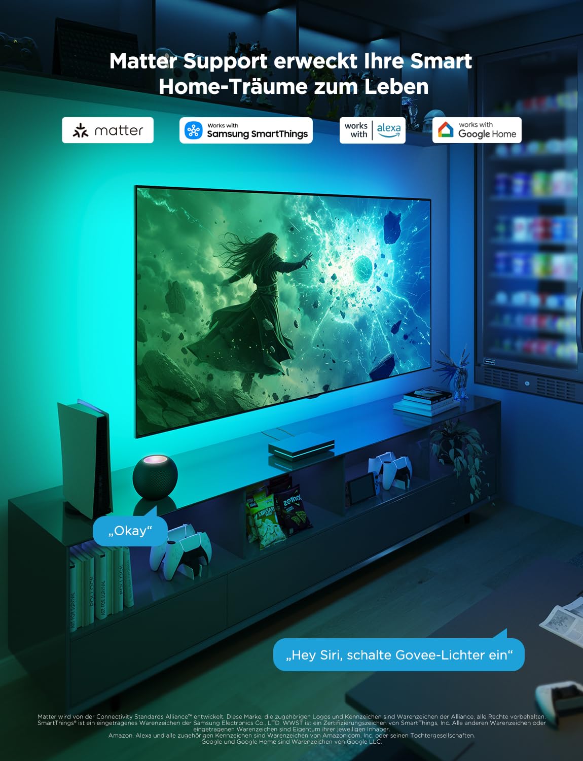 HDMI 2.1 Sync Box Kit mit TV-Hintergrundbeleuchtung, 8K bei 60 Hz und 4K bei 144 Hz, RGBWIC LED Streifen 75 LEDs/m, Modell H6604312DE