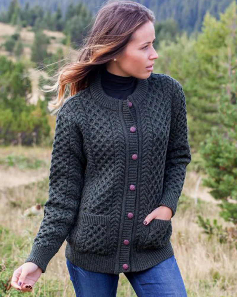 Aran Cable Knit Lumber Cardigan - Army Green