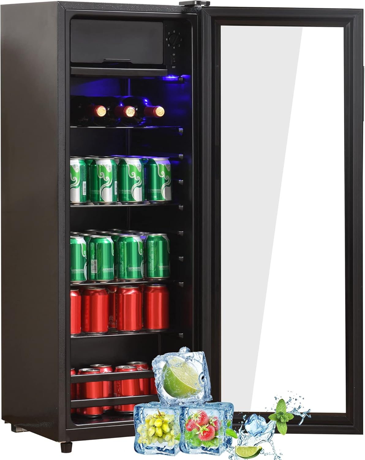 Merax Frigorifero 128L, freestanding, refrigeratore per bevande con frigorifero da 120 L + congelatore da 8 l, con illuminazione interna a LED e ripiani regolabili, super silenzioso per ristorante,