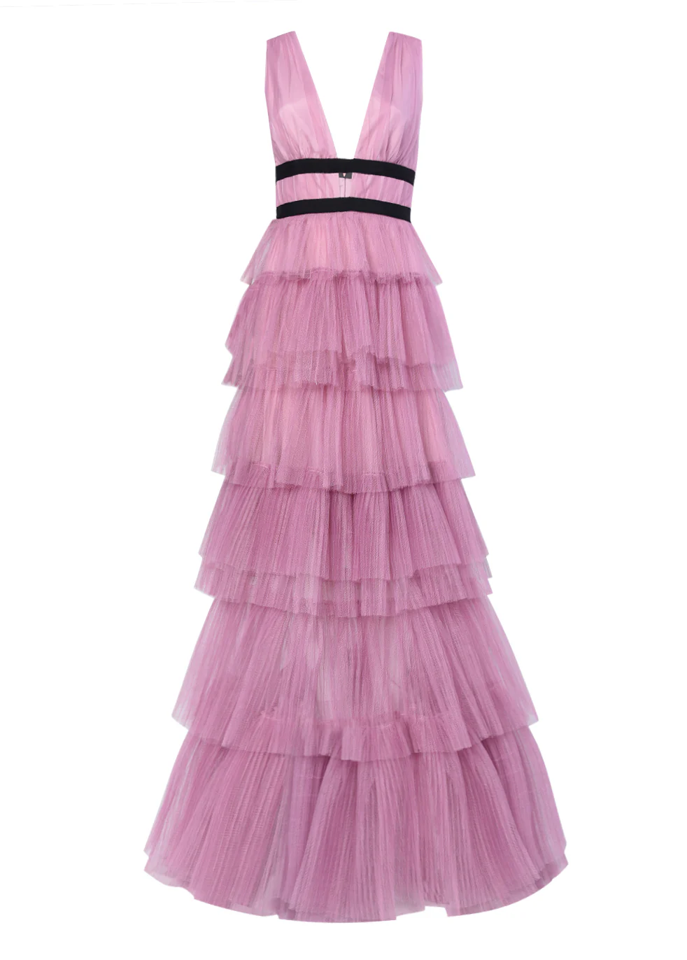 Eliza Dark Pink Plunge Neck Layered Tulle Maxi Gown