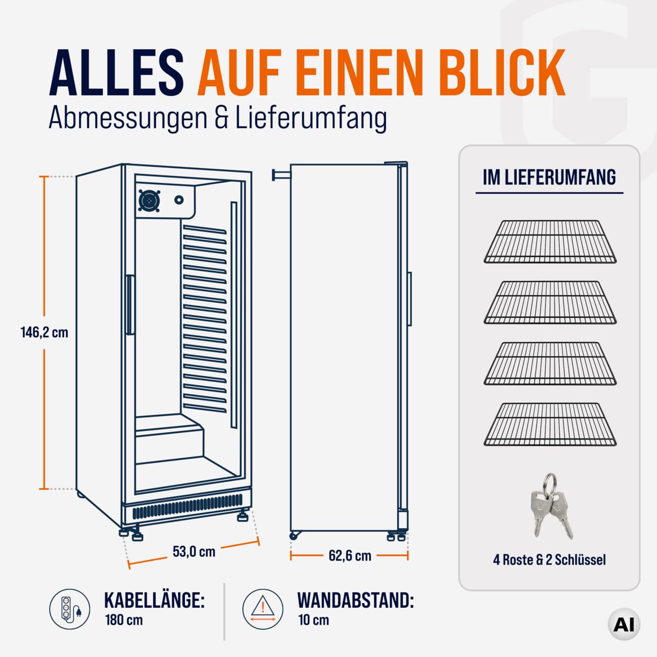Getränkekühlschrank 230 L, schwarz, mit Glastür abschließbar und 4 verstellbaren Rosten, 0-8 °C Umluftkühlung