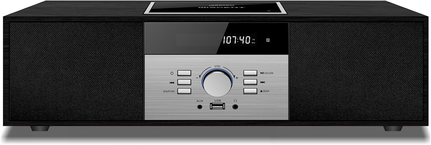 WISCENT Vintage Bluetooth Micro HiFi Systems Home Stereo CD Player with Bluetooth Audio Streaming FM Radio USB Port Aux-in