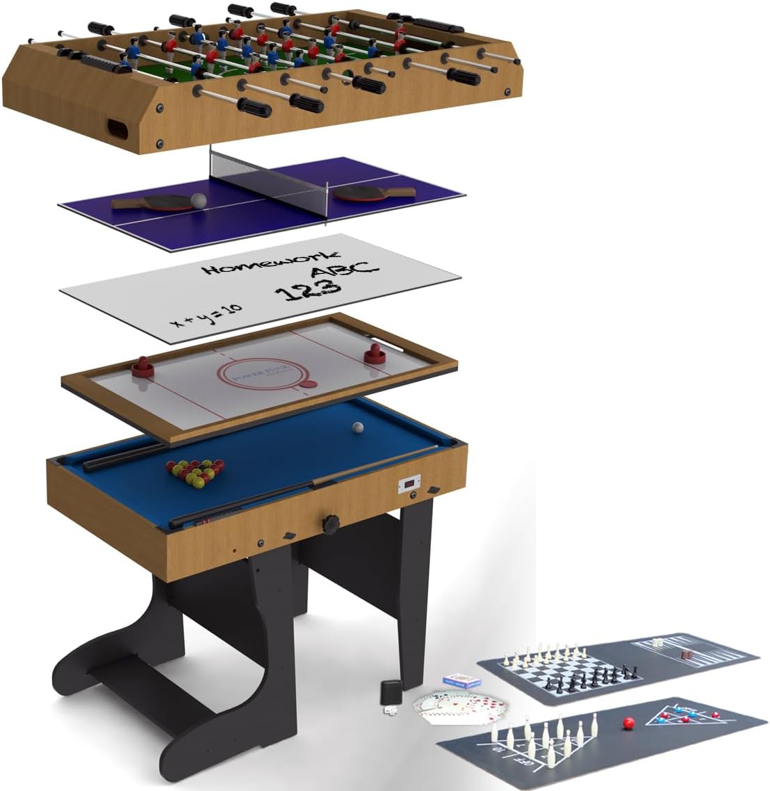 Riley Tavolo multifunzione 12 in 1, 4 piedi, con calcio balilla e biliardo, con lavagna bianca e vero tavolo per airhockey elettrico, completo di tutti gli accessori per tutti i giochi