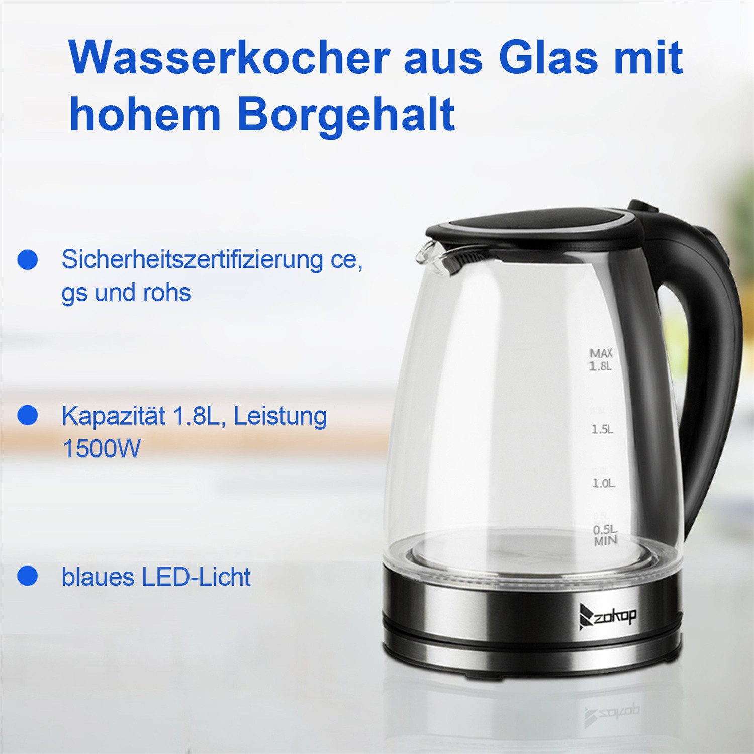 Wasserkocher Glas Wasserkocher mit 1.8 Liter Volumen, 220V 2200 Watt