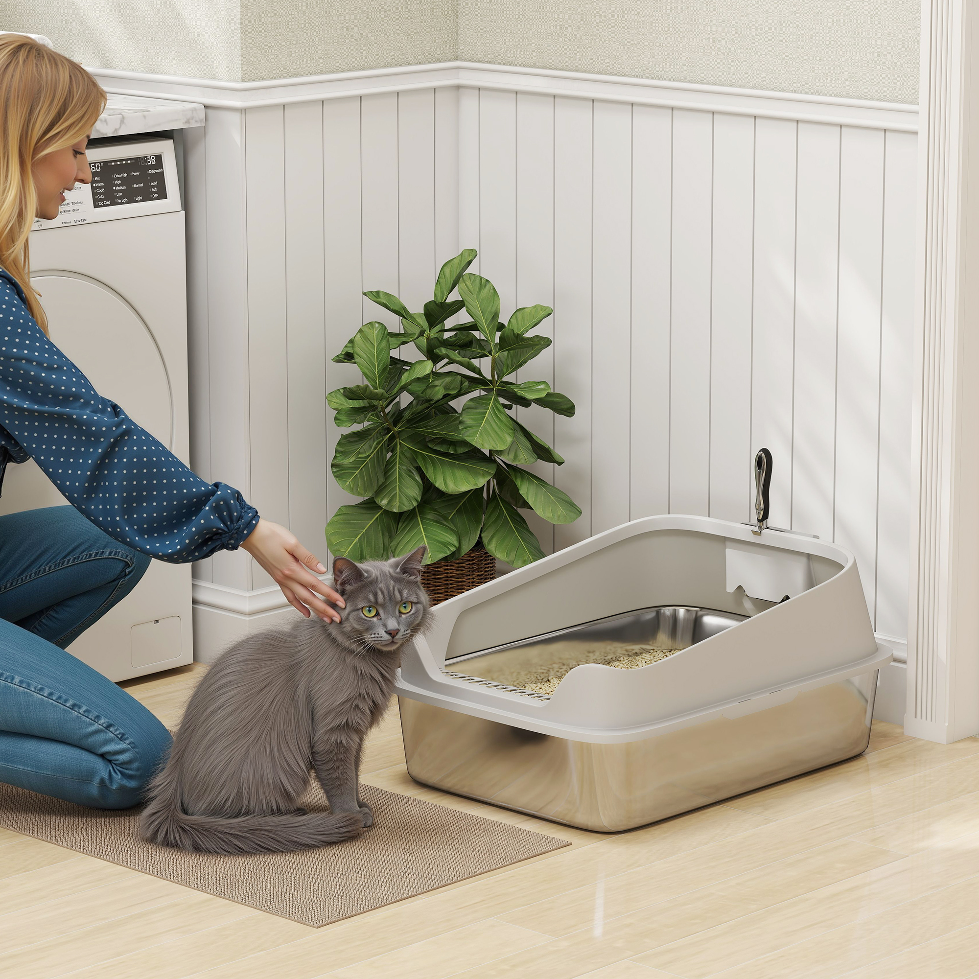 PawHut Katzentoilette aus Edelstahl XXL mit hohem Rand und leicht zu reinigender Schaufel Auslaufschutz 70x50x30 cm Grau