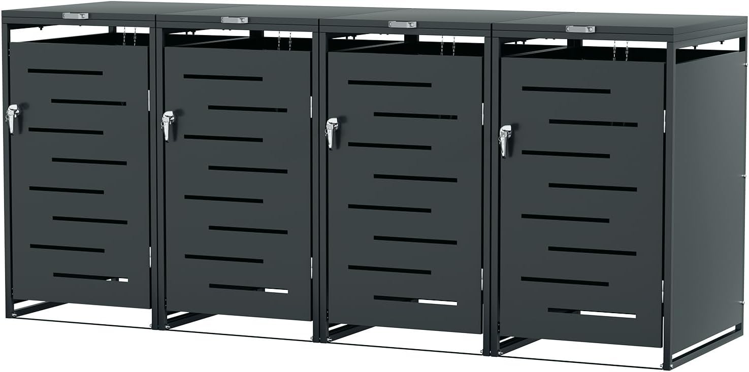 Mülltonnenbox 4er für 120L/240L, Mülltonnenverkleidung aus Pulverbeschichtetem Metall, Abschließbar, Wetterfest, mit Gasdruckdämpfern, Anthrazit