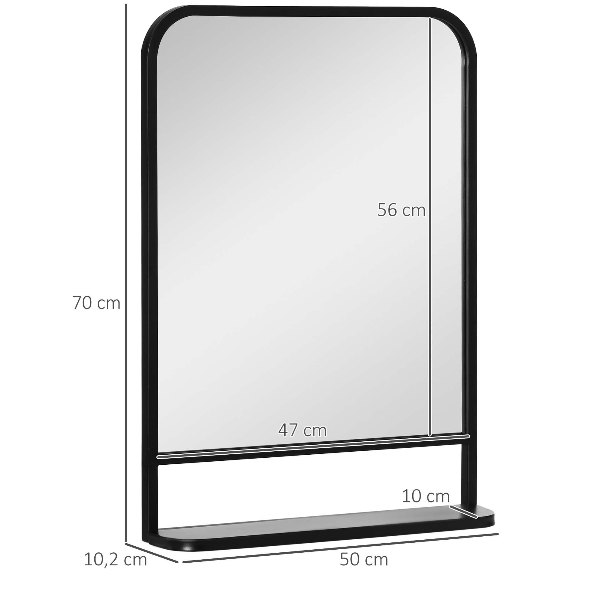 wandspiegel met metalen frame, afgeronde hoeken, 1 plank 70 cm x 10,2 cm x 50 cm zwart + zilver